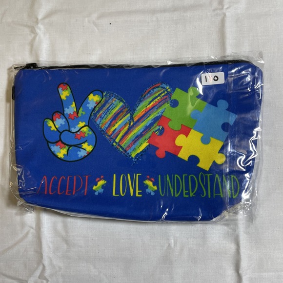 The Pouch Handbags - The Pouch Cosmetic Bag Blue NWT Autism Awareness Peace Love Accept